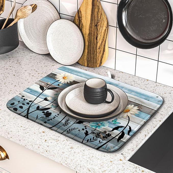 Blue White Daisy Floral Dish Drying Mat - Image 5