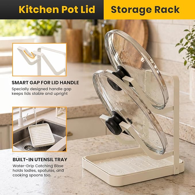 Pot Lid Holder with Removable Drip Tray, Kitchen Pot Lid Storage Rack - Image 5