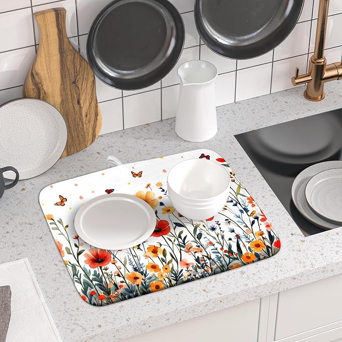 Poppy Flower Dish Drying Mat 16x18 Inch Floral Leaves Dish Drainer Protector - Image 6