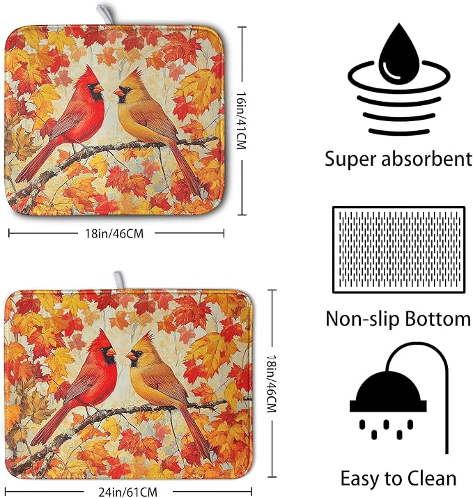Fall Dish Drying Mats for Kitchen Counter Maple Leaf Cardinal Birds Dish - Image 2