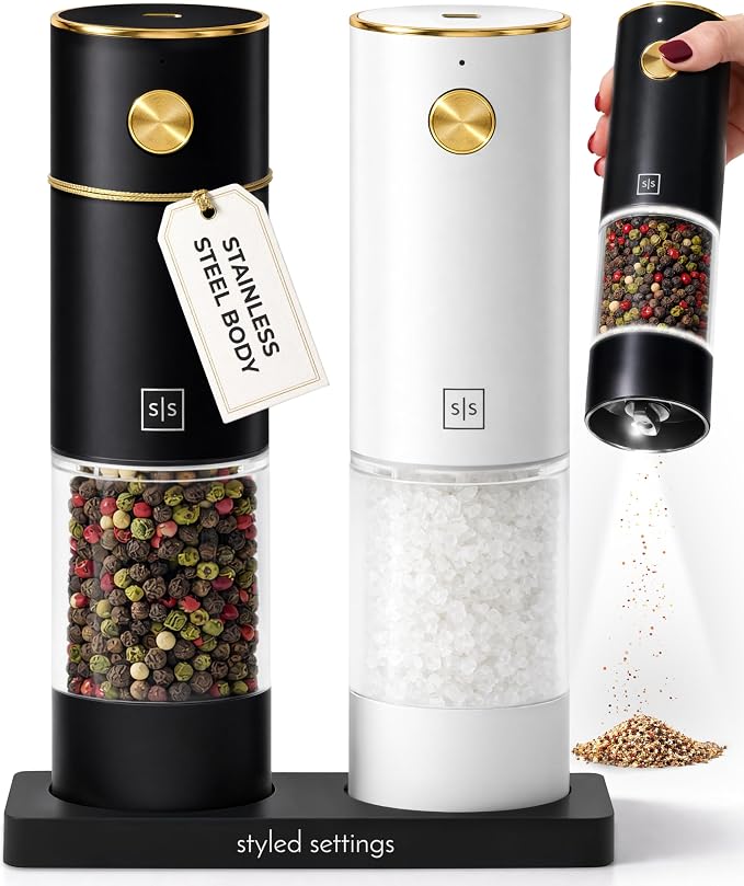 Rechargeable Electric Salt and Pepper Grinder Set – Sleek Stainless Steel White by STYLEDSETTINGS