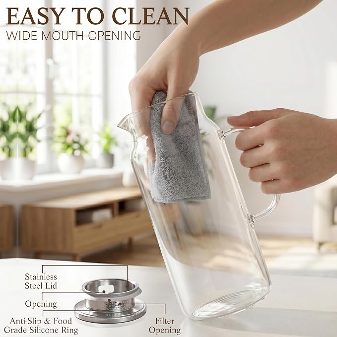 2 Pack Glass Pitcher with Lid and Handle, 68oz 2 Liter Borosilicate Glass Water - Image 4