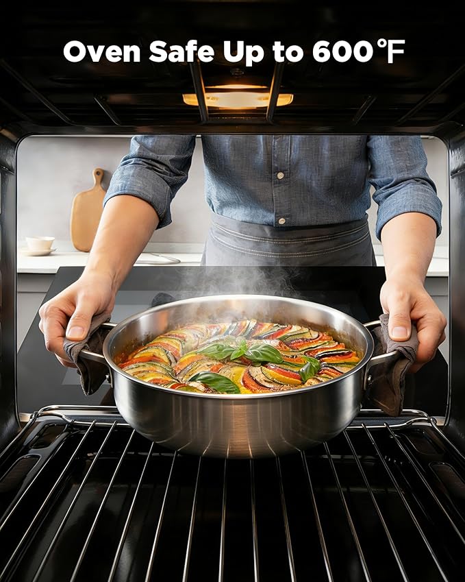 Saute Pan with Lid, 12 Inch 7QT Tri-Ply Stainless Steel Braiser Pan, Deep - Image 2