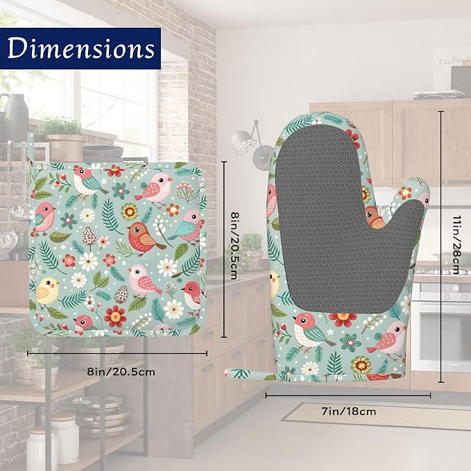 Birds Floral Potholders & Oven Mitts Sets Colourful Flowers Silicone Heat - Image 2