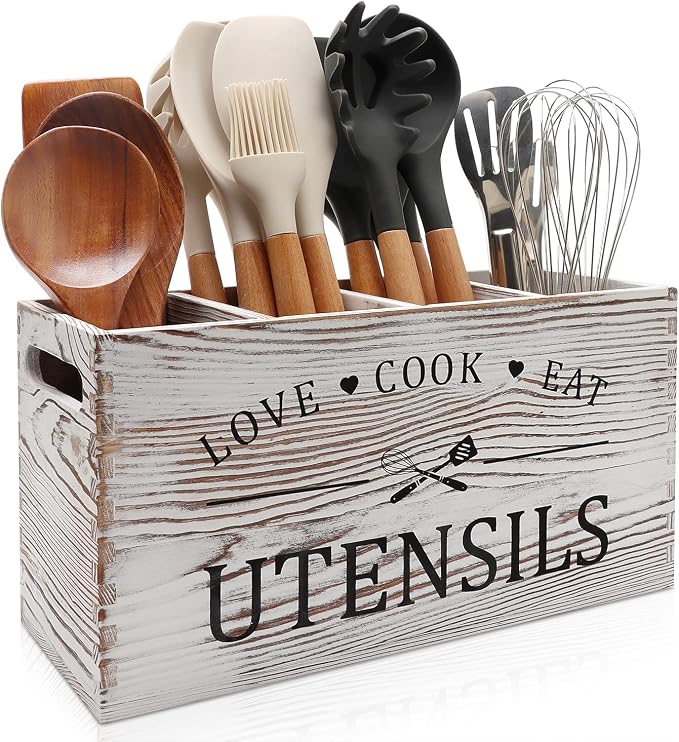 Rustic White Wooden Utensil Holder by Renawe