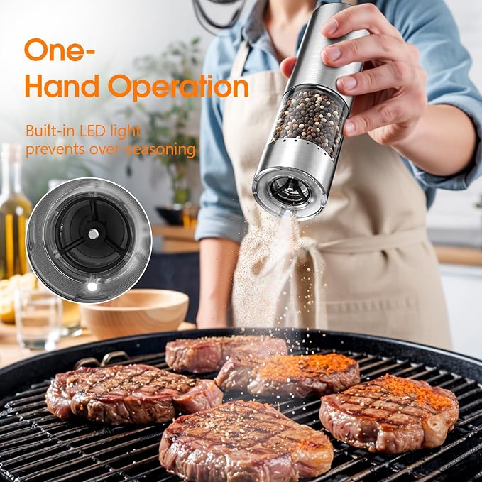 WOWBOX Electric Salt and Pepper Grinder Set 2 PCS, Stainless Steel Automatic - Image 2