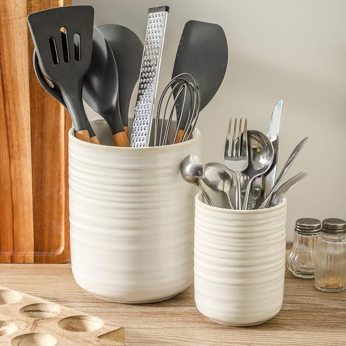 HASENSE Cooking Utensil Holder, 7.4"+5.5" Ceramic Kitchen Utensil Holder - Image 4