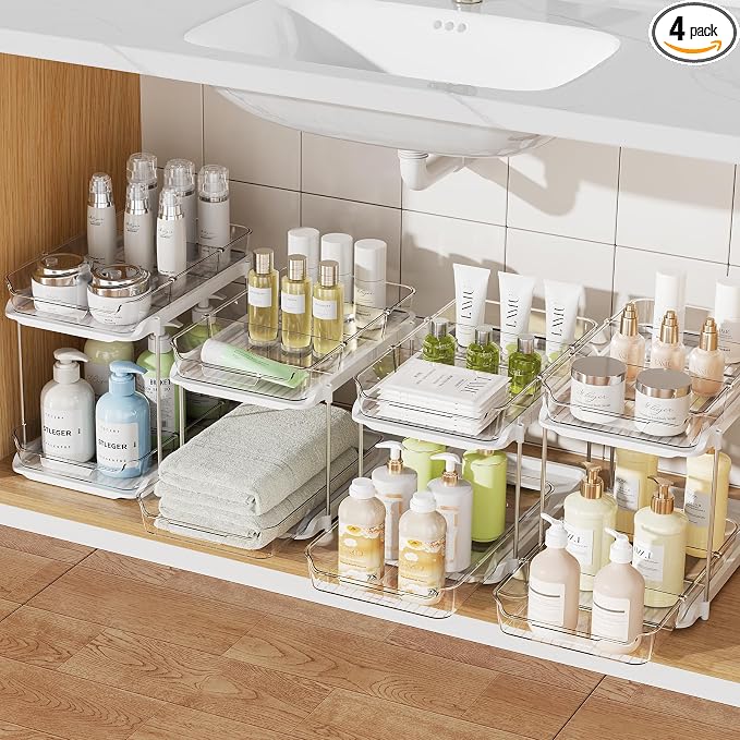 Delamu 4 Pack 2-Tier Bathroom Under Sink Organizers and Storage, Pull Out Clear by DELAMU