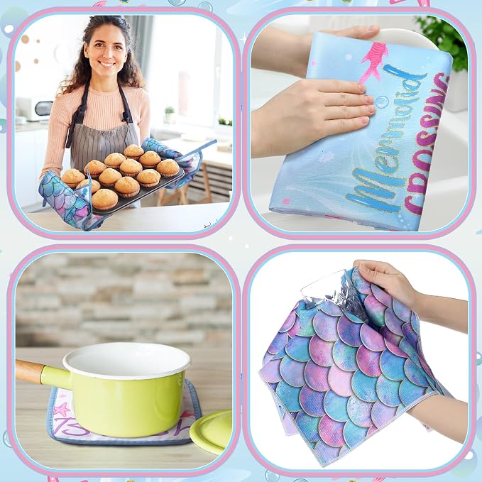 Fourluoo 10 Pcs Mermaid Kitchen Dish Towels Rugs Oven Mitts and Pot Holders Set - Image 6
