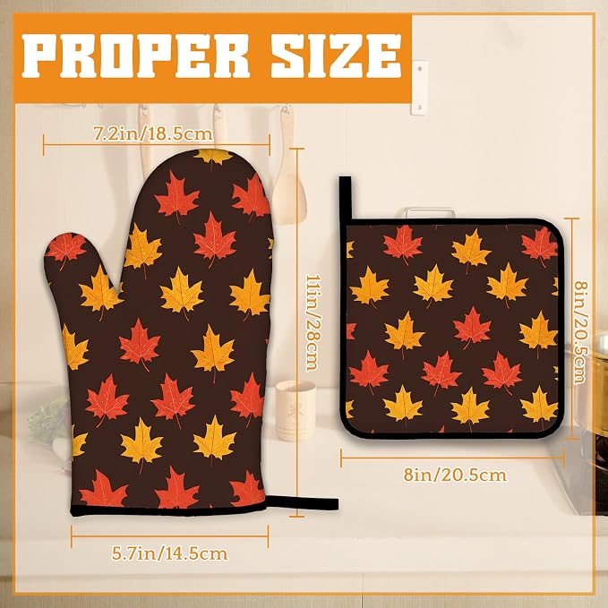 Maple Leaf Oven Mitts and Pot Holders Set, Autumn Kitchen Decor Heat Resistant - Image 2