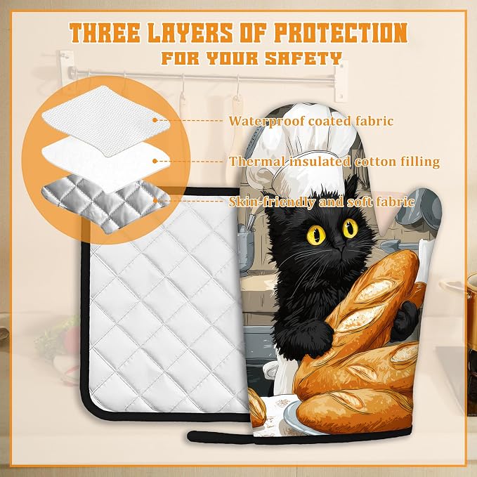 Cute Black Cat Oven Mitts and Pot Holders Set, Chef Kitchen Decor Heat - Image 3