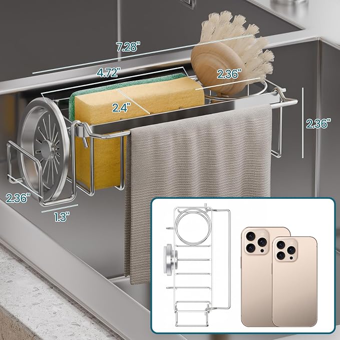 TAILI Sponge Holder with Strong Suction Cup, 4-in-1 Rustproof Sink Organizer - Image 2