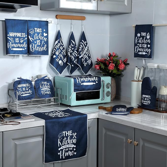 12 Pcs Farmhouse Kitchen Decor Sets 4 Blue Kitchen Hand Towels 4 Dish Clothes 2 - Image 7