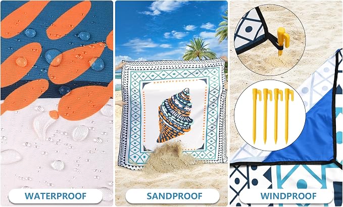 WIWIGO Beach Blanket Waterproof Sandproof Beach Mat 79" X 83"/10'x9'for 2-8 - Image 3