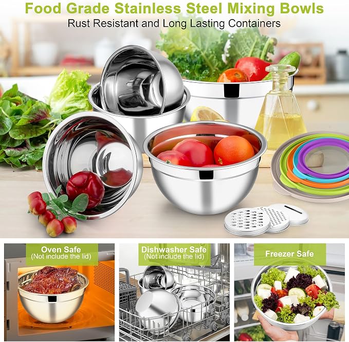 E-far Mixing Bowls with Lids Set of 5, Stainless Steel Salad Mixing Bowl with - Image 7