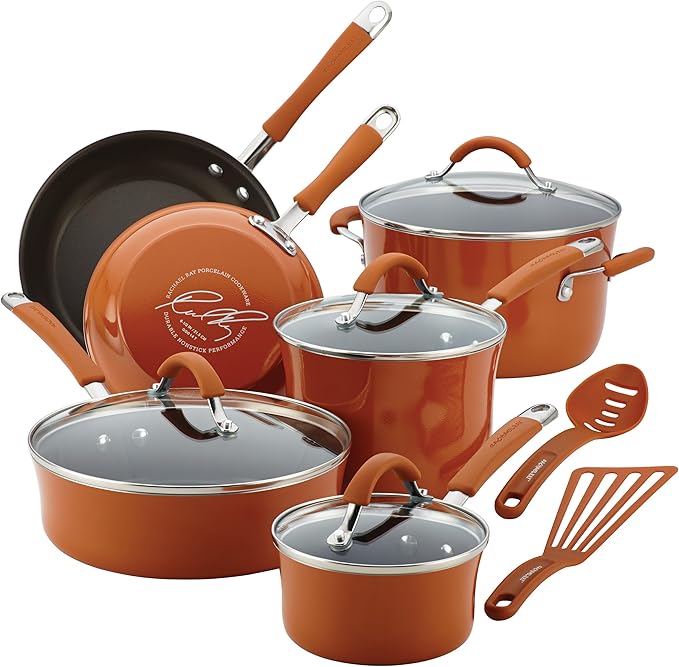 Rachael Ray Cucina Nonstick Cookware Pots and Pans Set, 12 Piece, Pumpkin Orange by RachaelRayKitchenware