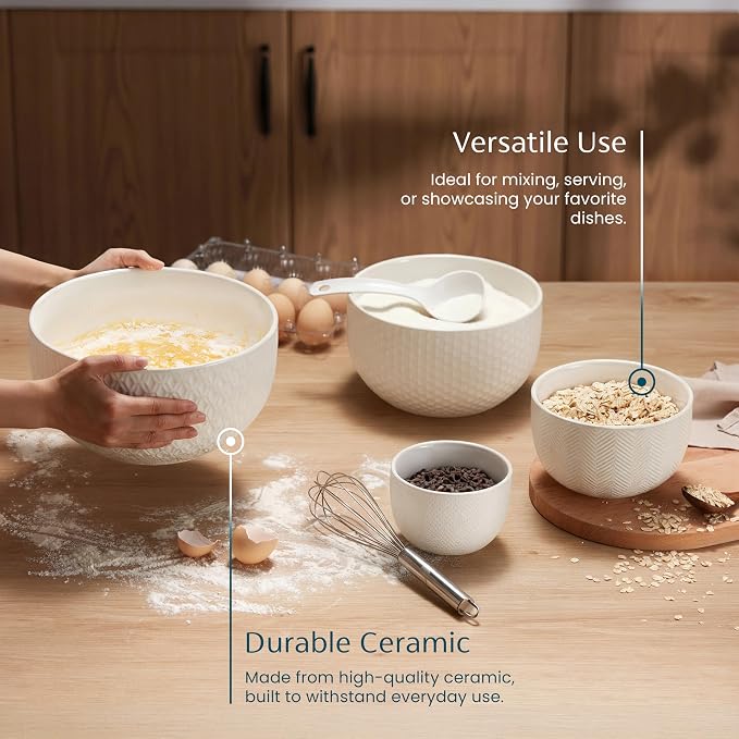 KooK Ceramic Mixing Bowls, Nesting Set of 4, Embossed Kitchen Dishware - Image 3