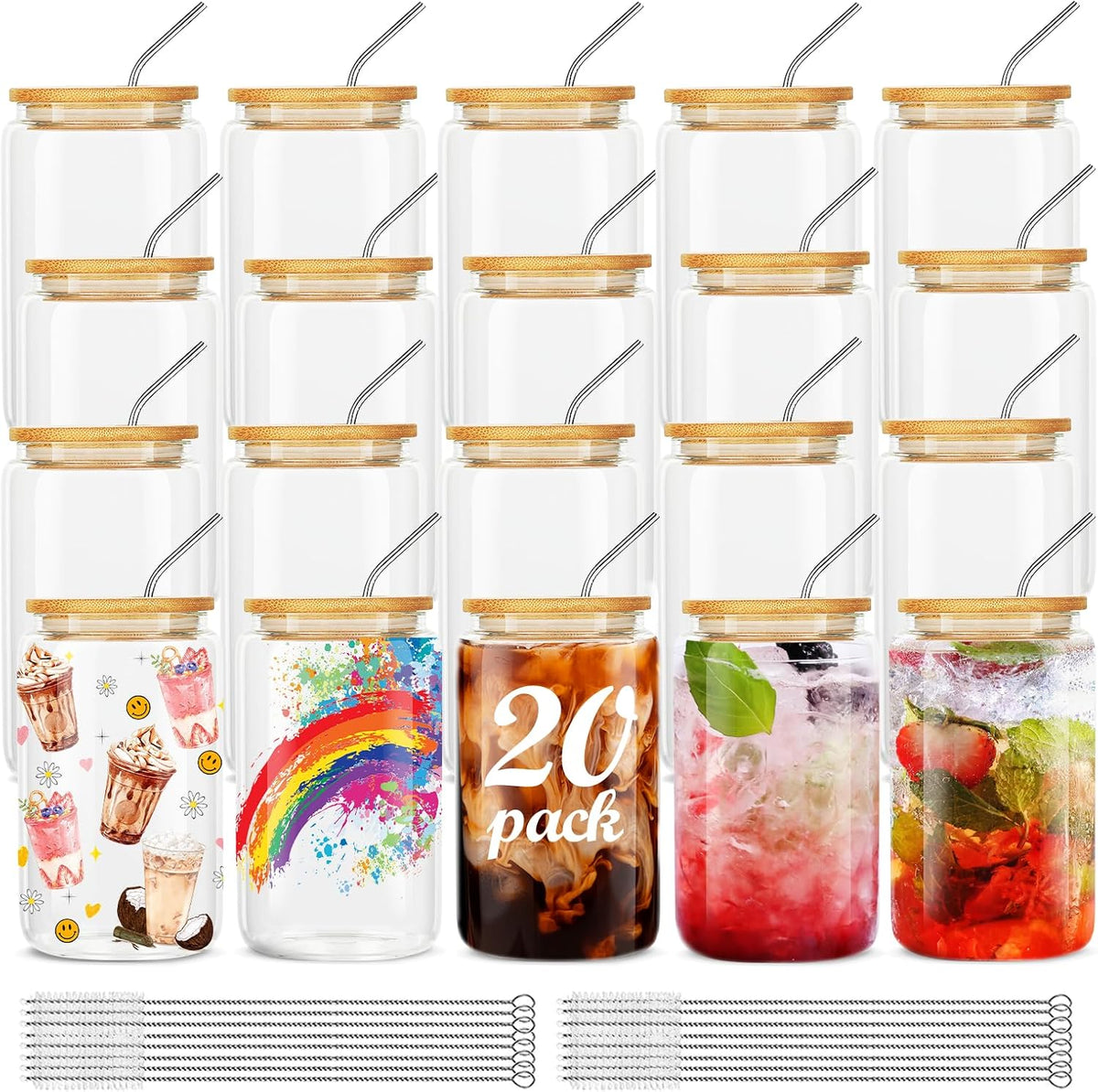20Pcs Glass Cups With Bamboo Lids and Straws,16Oz Ice Coffee