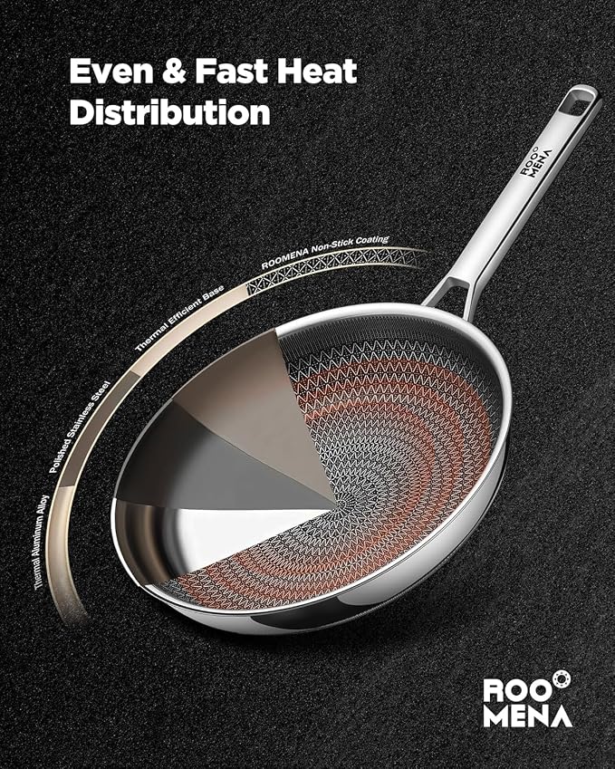 Non Stick Frying Pans Hybrid Ceramic, 12 Inch Tri-Ply Stainless Steel Skillet - Image 4