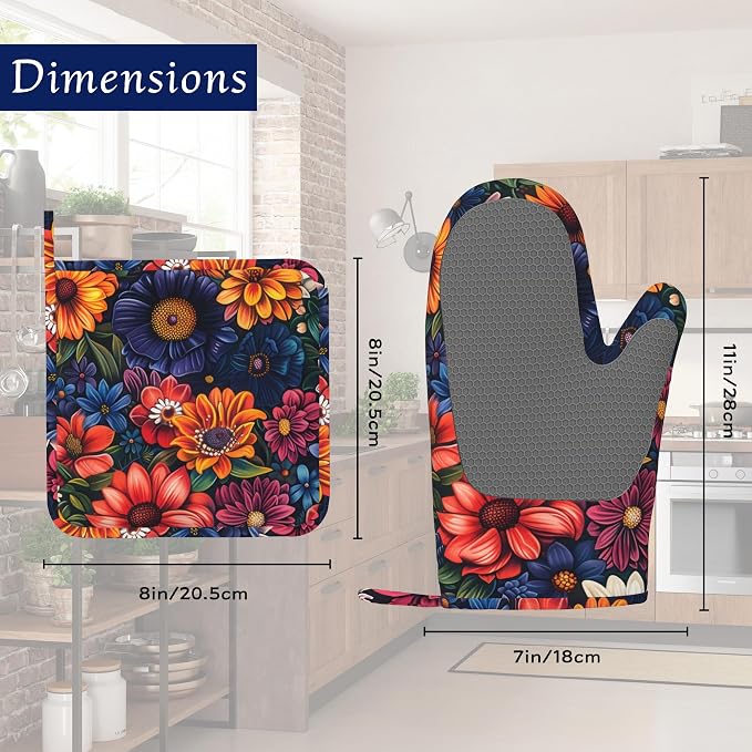 Colourful Flowers Potholders & Oven Mitts Sets Spring Floral Silicone Heat - Image 2