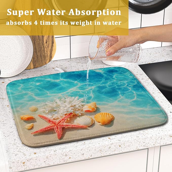 Giwawa Coastal Starfish Dish Drying Mat 16"x18" Ocean Blue Sea Coral Seashell - Image 7