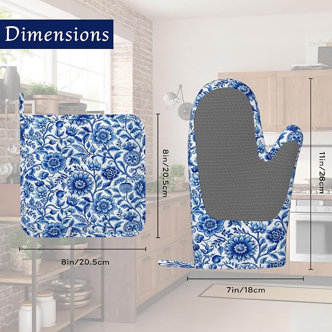Oven Mitts and Pot Holders Sets Blue White Floral Silicone Kitchen Mits - Image 2