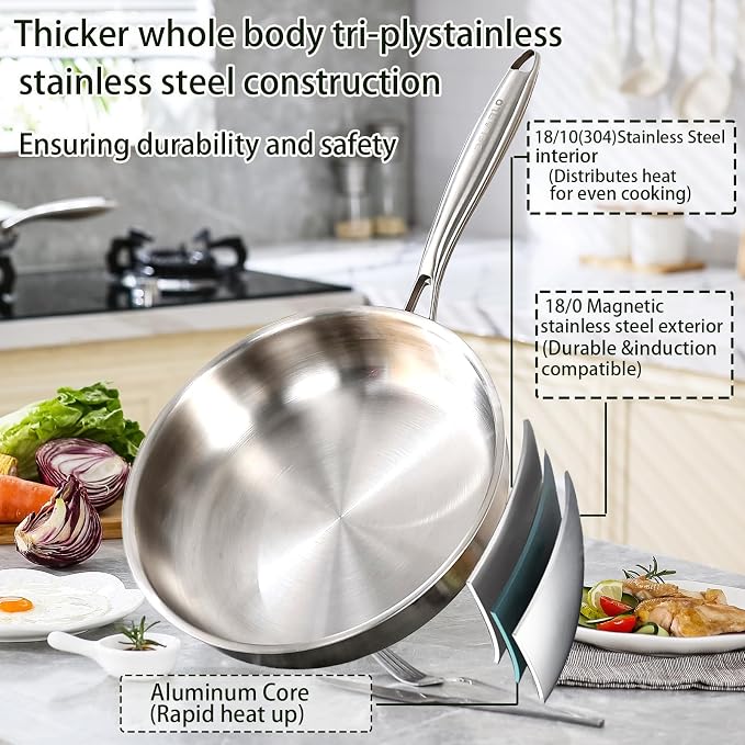 DELARLO Stainless Steel Pan 10.3Inch, Tri-ply Stainless Steel Frying Pan - Image 3