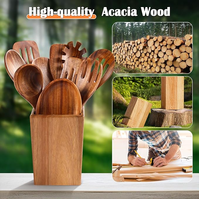 Wooden Spoons for Cooking, Natural Acacia Wooden Kitchen Tools, Nonstick - Image 3