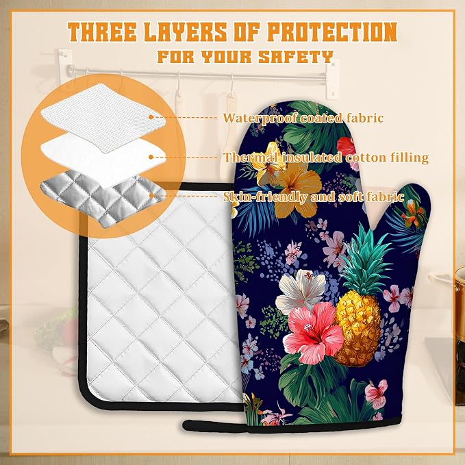 Palm Leaf Tropical Oven Mitts and Pot Holders, Pineapple Hibiscus Heat - Image 3