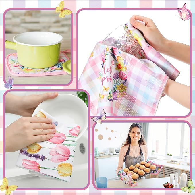 Fourluoo 10 Pcs Spring Flower Farmhouse Kitchen Decor Set Dish Towels Kitchen - Image 6