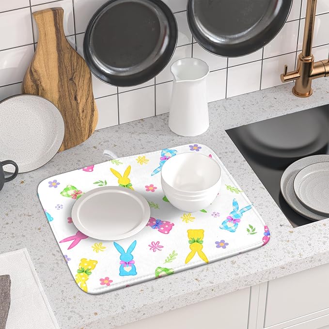 Easter Dish Drying Mat for Kitchen Counter Cute Bunny Floral Holiday Microfiber - Image 6