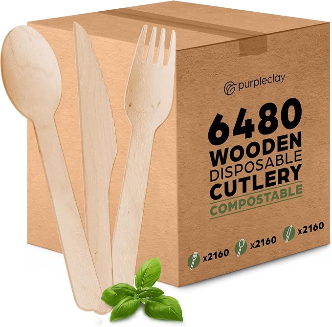 Wooden Compostable Utensils Set 6480 PCS Sturdy Wood Disposable Cutlery by Purpleclay