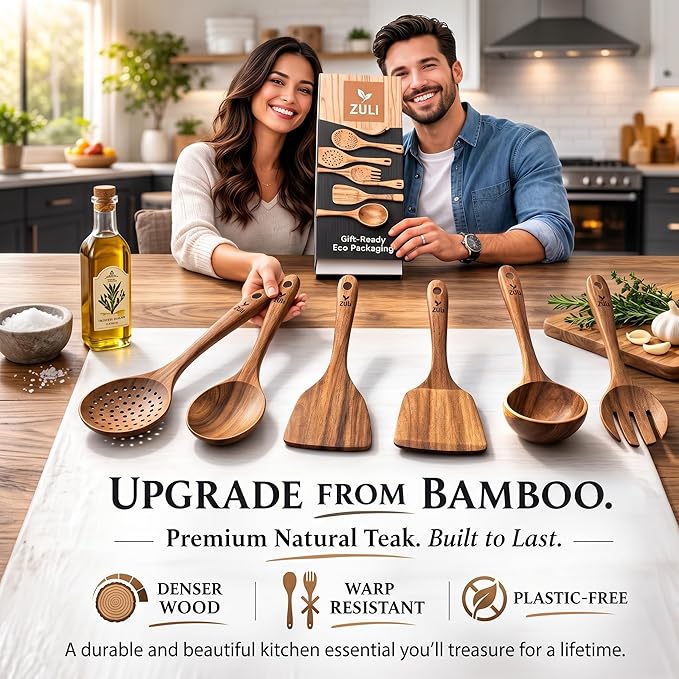 6-Piece Teak Wooden Cooking Utensil Set – Wooden Spoons & Spatulas - Image 3