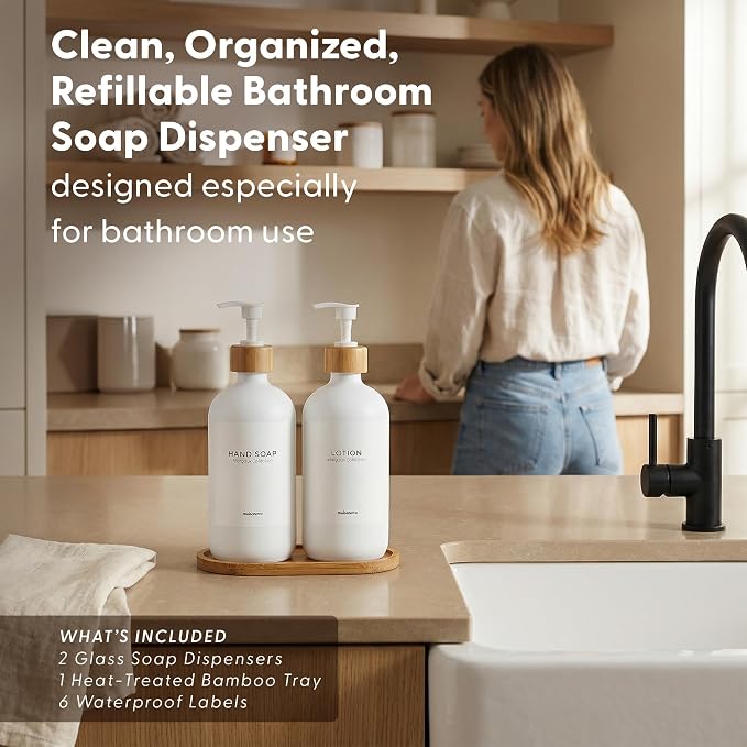 MaisoNovo Glass Soap Dispenser Bathroom Set of 2-16.9 oz Bathroom Soap - Image 2