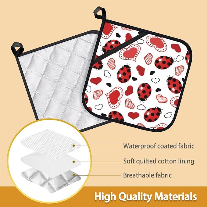 Ladybugs Hearts Pot Holder Set of 2, Heat Resistant Potholders Oven Hot Pads - Image 3