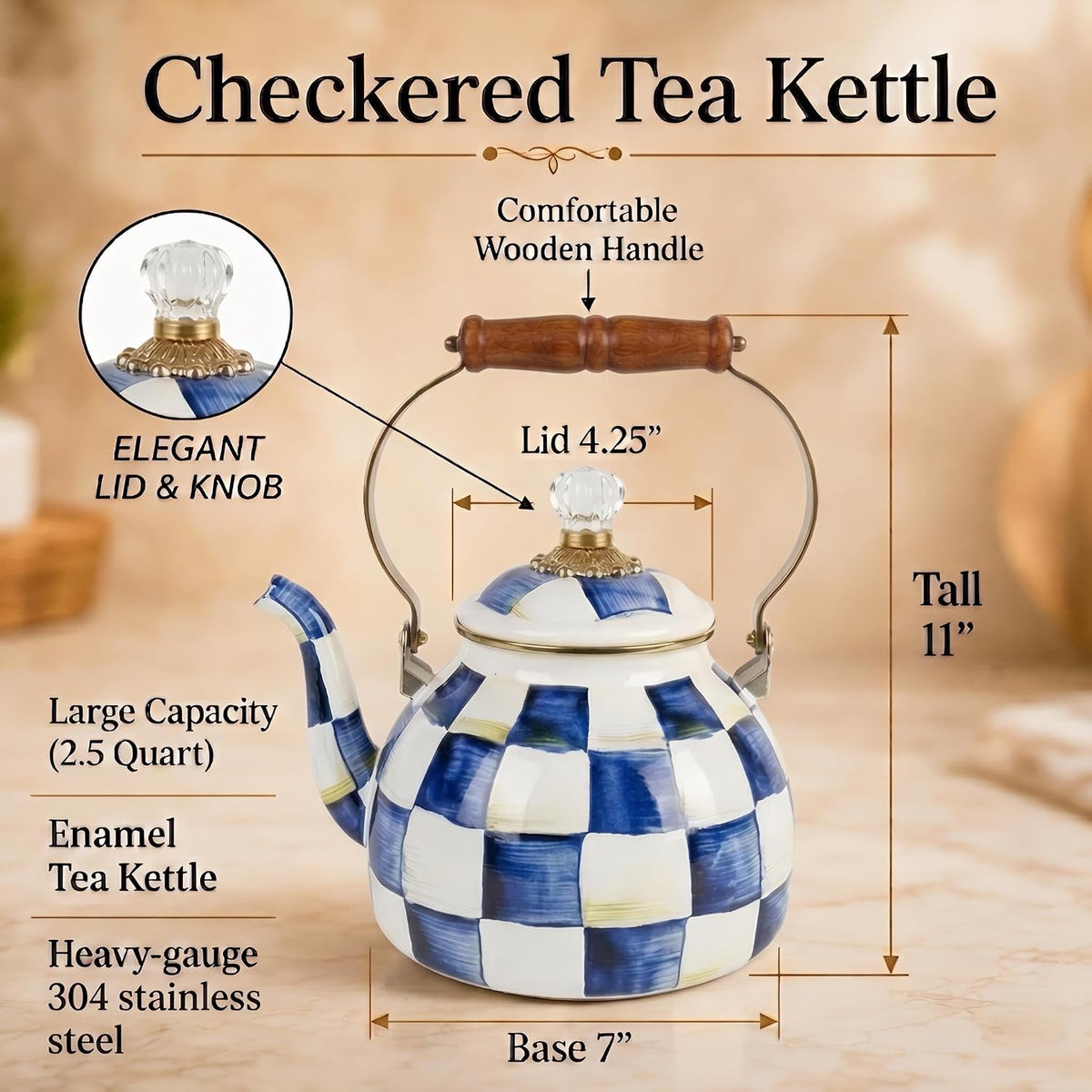 Checkered Tea Kettle for Checkered Kitchen Decor - Blue and White Tea