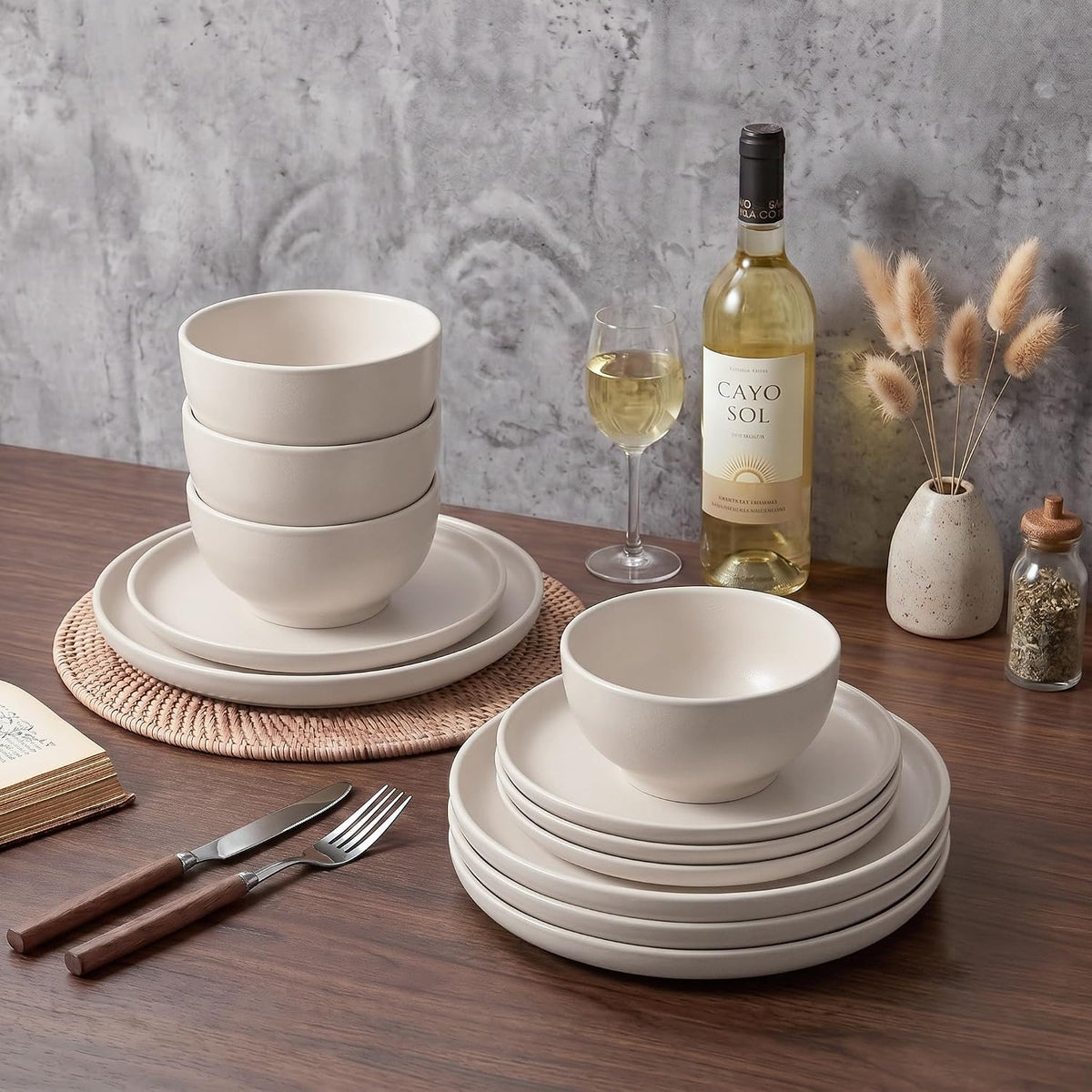 24 Piece Stoneware Dinnerware Sets, Ceramic Plates & Bowls Set for 8