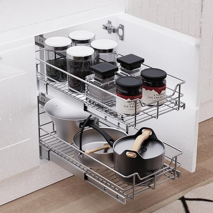 2 Tier Pull Out Cabinet Organizer 14" W X 22" D, Slide Out Drawers - Image 6