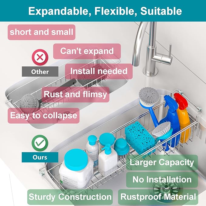 Over The Kitchen Sink Caddy Sponge Holder Organizer Drying Rack Expandable - Image 5