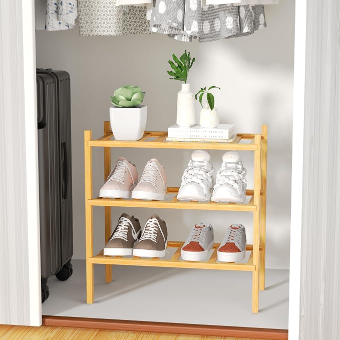 ROMGUAR CRAFT 3-Tier Bamboo Small Shoe Rack, Free Standing Wood Shoe Shelf - Image 6
