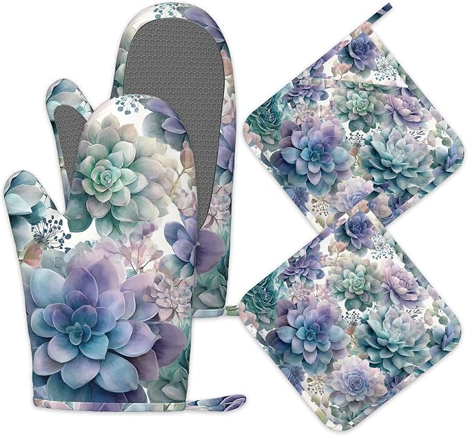 Succulent Botanical Floral Oven Mitts and Pot Holders Sets of 4, Heat Resistant by Unknown