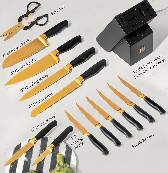 Black and Gold Knife Set with Block and Sharpener – 14-Piece Full Tang Golden - Image 7