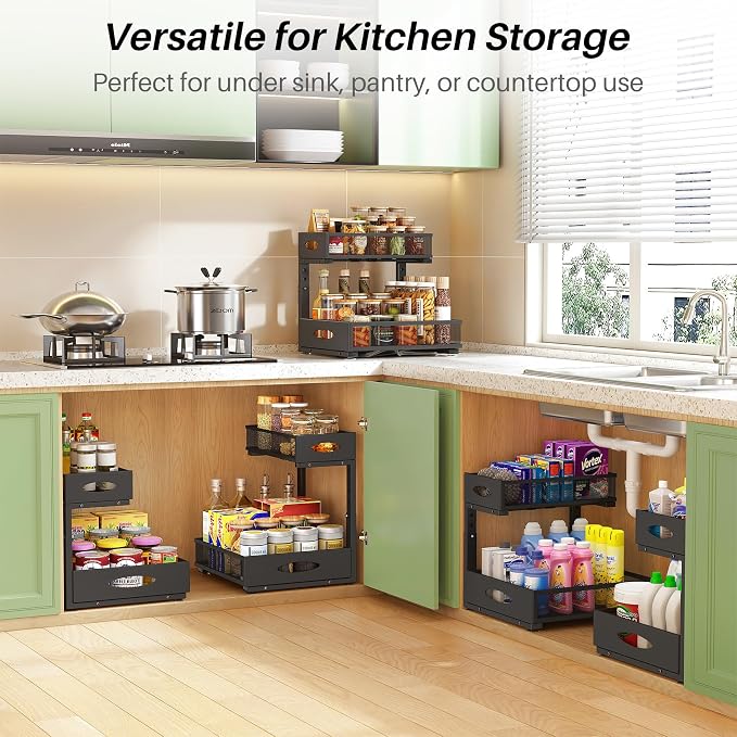 Under Sink Organizer, L-Shaped Adjustable Height, Mesh Sliding Drawer - Image 8