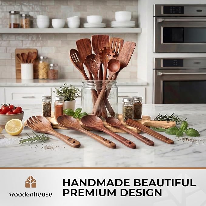 Wooden Spoons for Cooking – 13 Pcs Premium Teak Wooden Utensil Set - Image 7