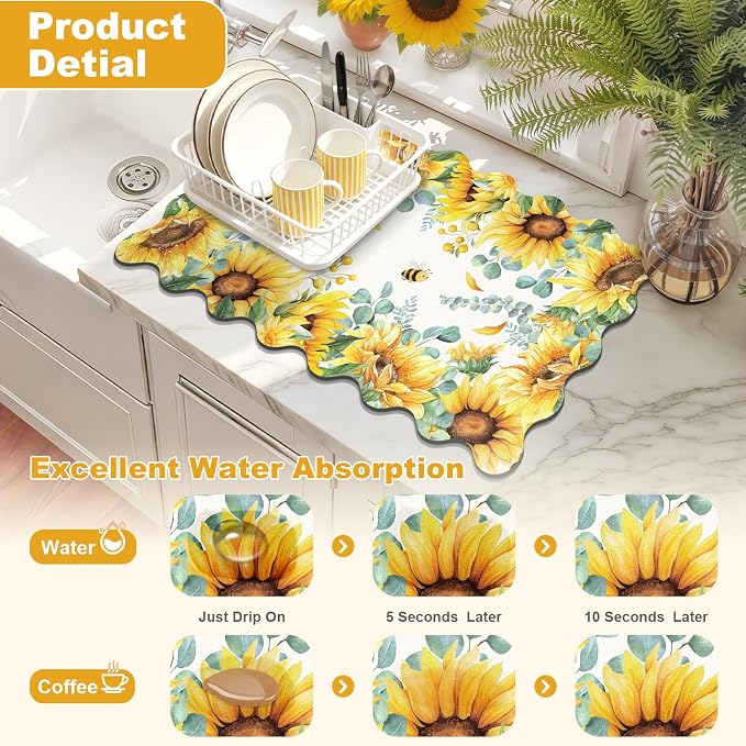 LOKHOM Scalloped Floral Dish Drying Mat, Cuttable Hide Stain Non-slip Drying Mat - Image 3