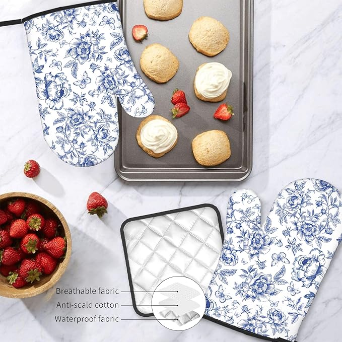 Floral Oven Mitts and Pot Holders Sets of 3, Botanical Print Heat Resistant - Image 7