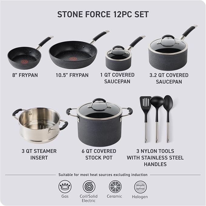 T-fal Stone Force Platinum Non Stick Cookware Set 12 Piece, Oven Broiler Safe - Image 2