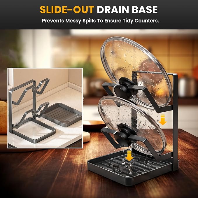 Pot Lid Holder with Removable Drip Tray, Kitchen Pot Lid Storage Rack - Image 7