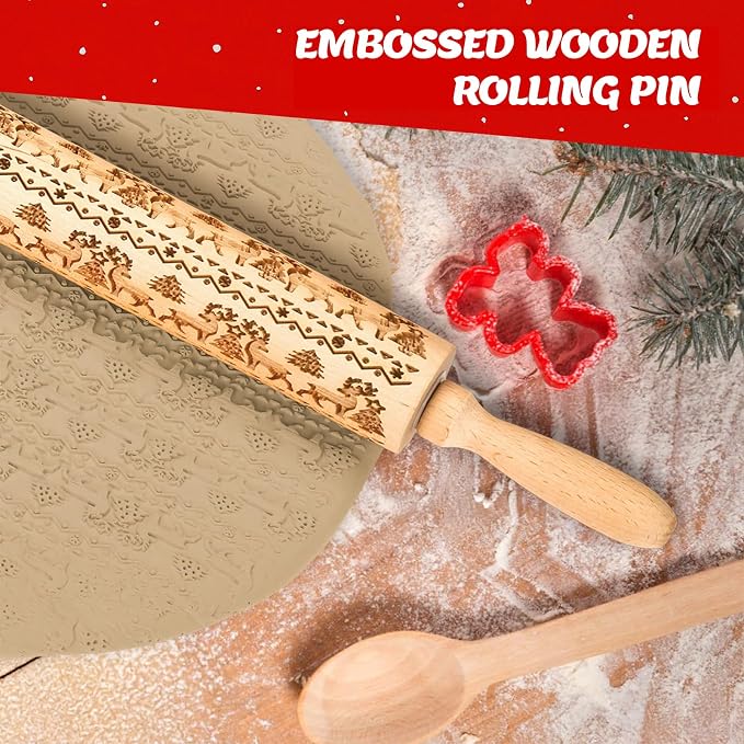 Stocking Stuffers Gifts for Women, Wooden Embossed Rolling Pin for Baking - Image 4