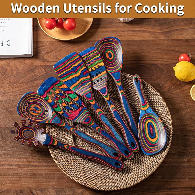 Gudamaye Pakka wood 7-Piece Blue Wooden Cooking Utensils, Wooden Spoons - Image 7